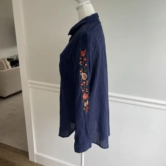Sonoma Women L Embroidered Button Up Shirt Collared Cotton Gauzy Top Blue Tunic - Picture 4 of 10